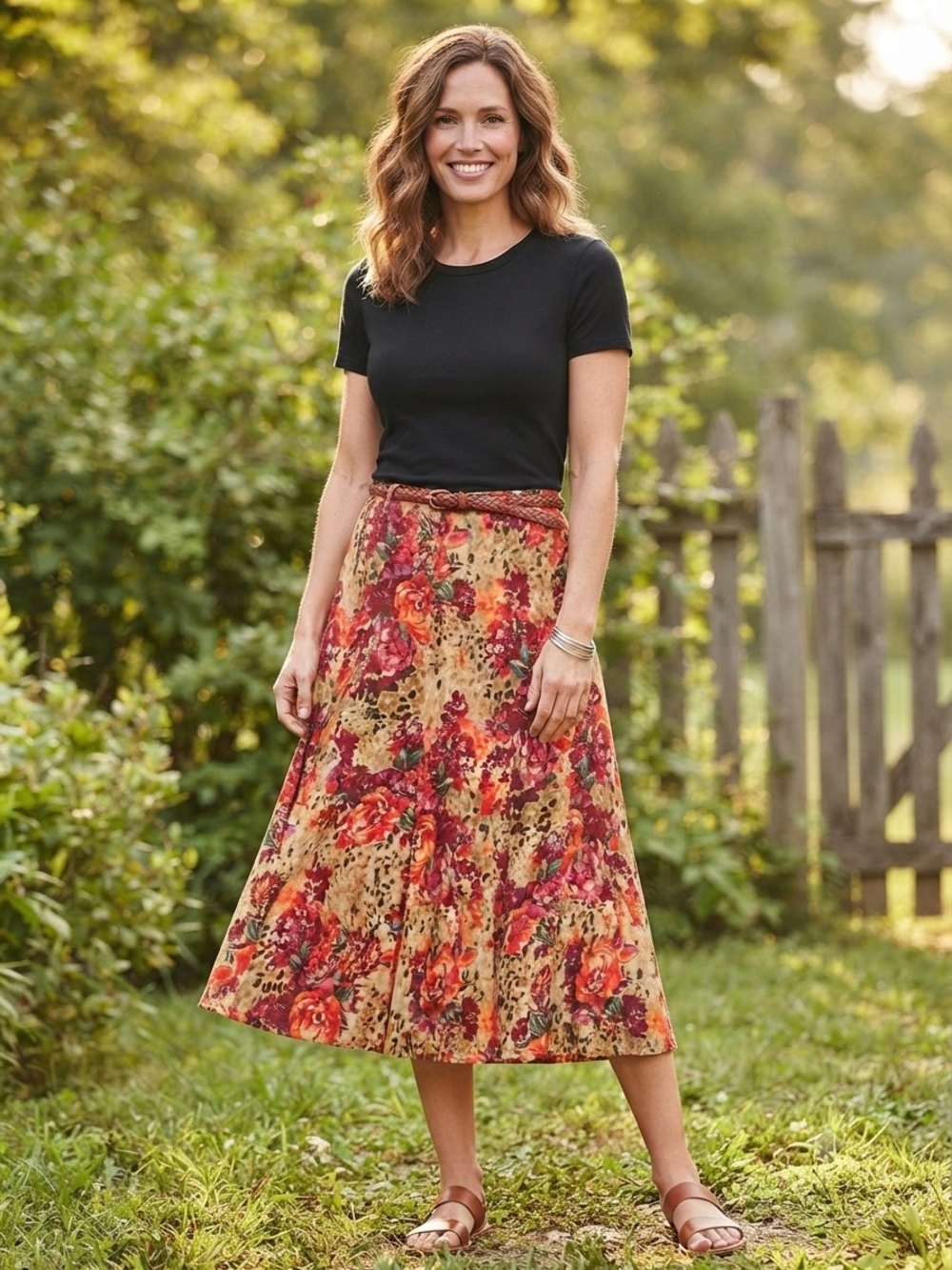 White Stag Floral & Leopard Print Rayon A-Line Midi Skirt Size 12